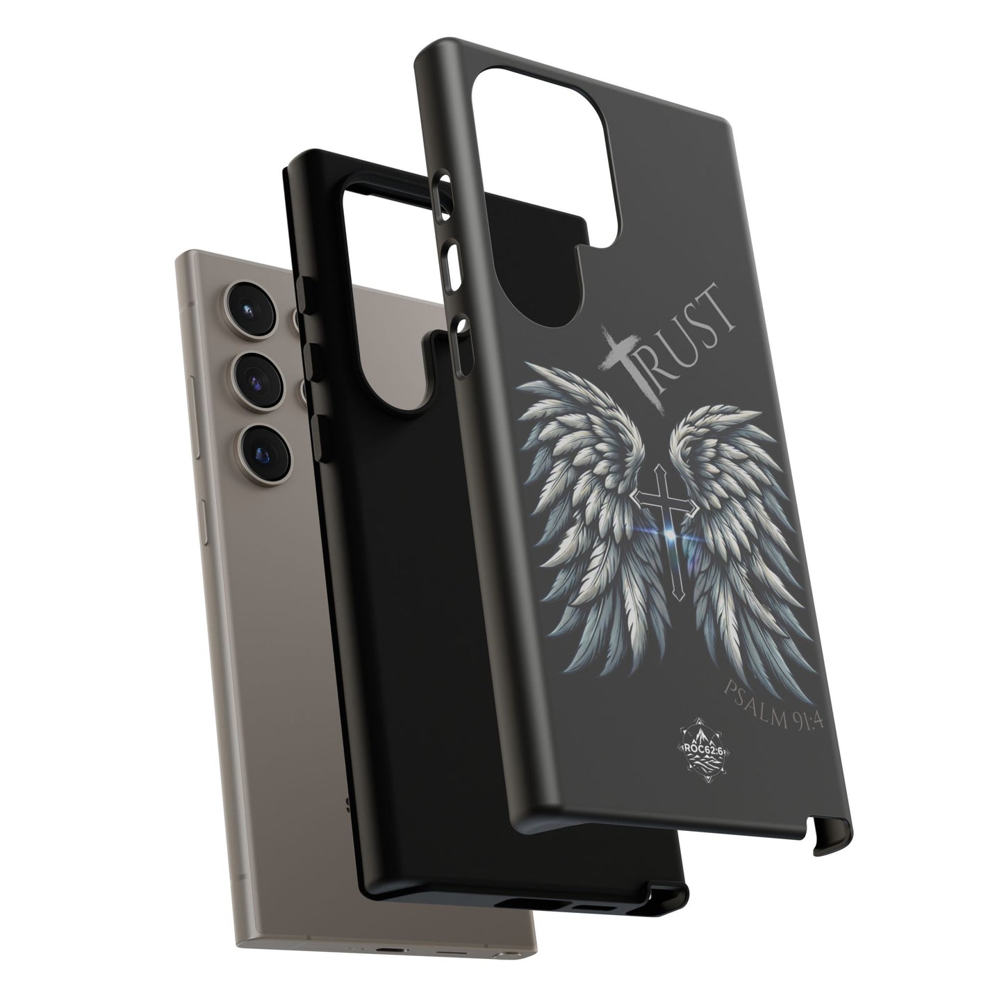 Wings Series Black Phone Case - Trust, Psalm 91:4 Design, Inspirational Gift, Christian Accessories, Spiritual Protection, Encouragement