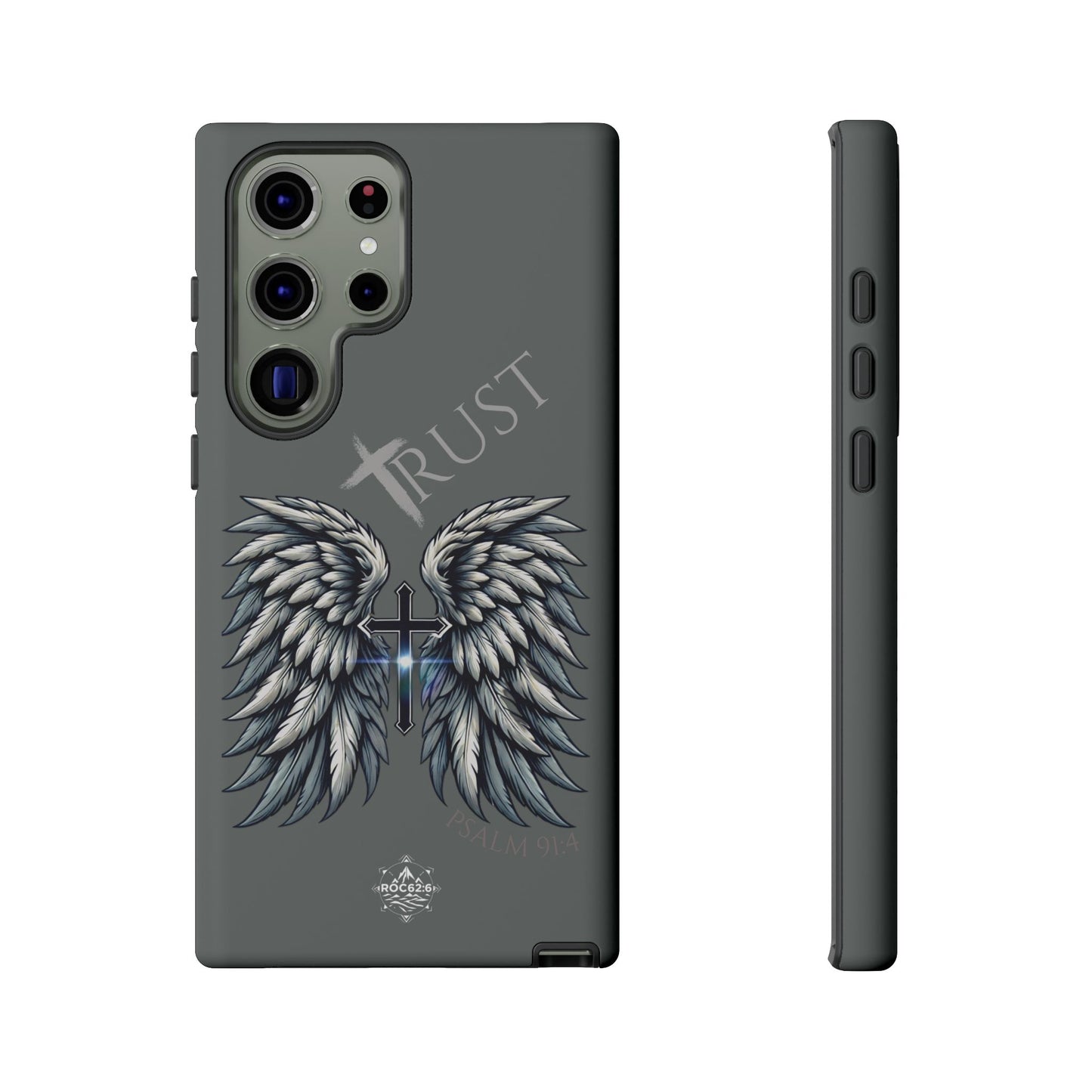 Wings Series Dark Grey Phone Case - Trust, Psalm 91:4 Design, Inspirational Gift, Christian Accessories, Spiritual Protection, Encouragement