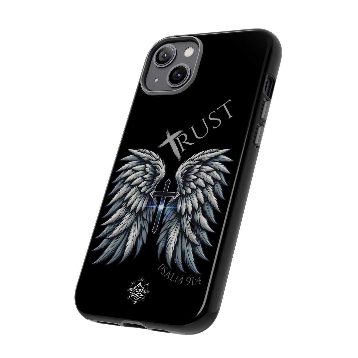 Wings Series Black Phone Case - Trust, Psalm 91:4 Design, Inspirational Gift, Christian Accessories, Spiritual Protection, Encouragement