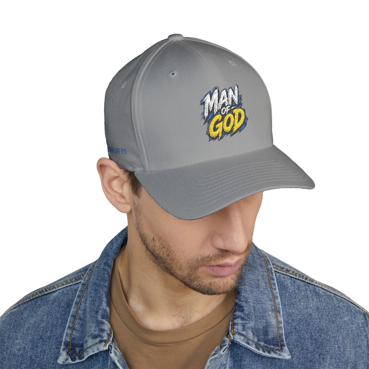 Man of God Embroidered FlexFit Baseball Cap — Faith Graphic Hat with American Flag Back Detail, Joshua 1:9