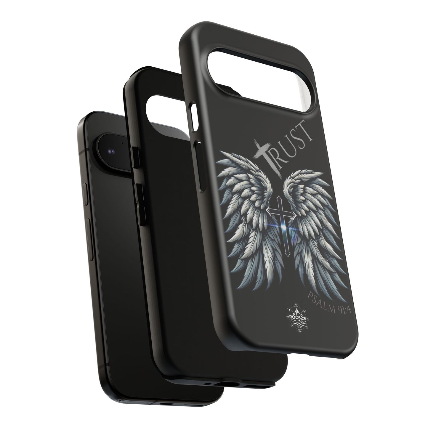 Wings Series Black Phone Case - Trust, Psalm 91:4 Design, Inspirational Gift, Christian Accessories, Spiritual Protection, Encouragement