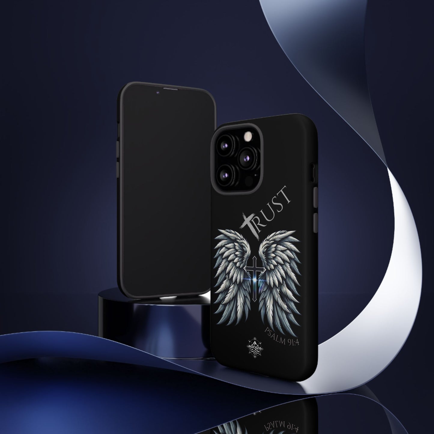 Wings Series Black Phone Case - Trust, Psalm 91:4 Design, Inspirational Gift, Christian Accessories, Spiritual Protection, Encouragement