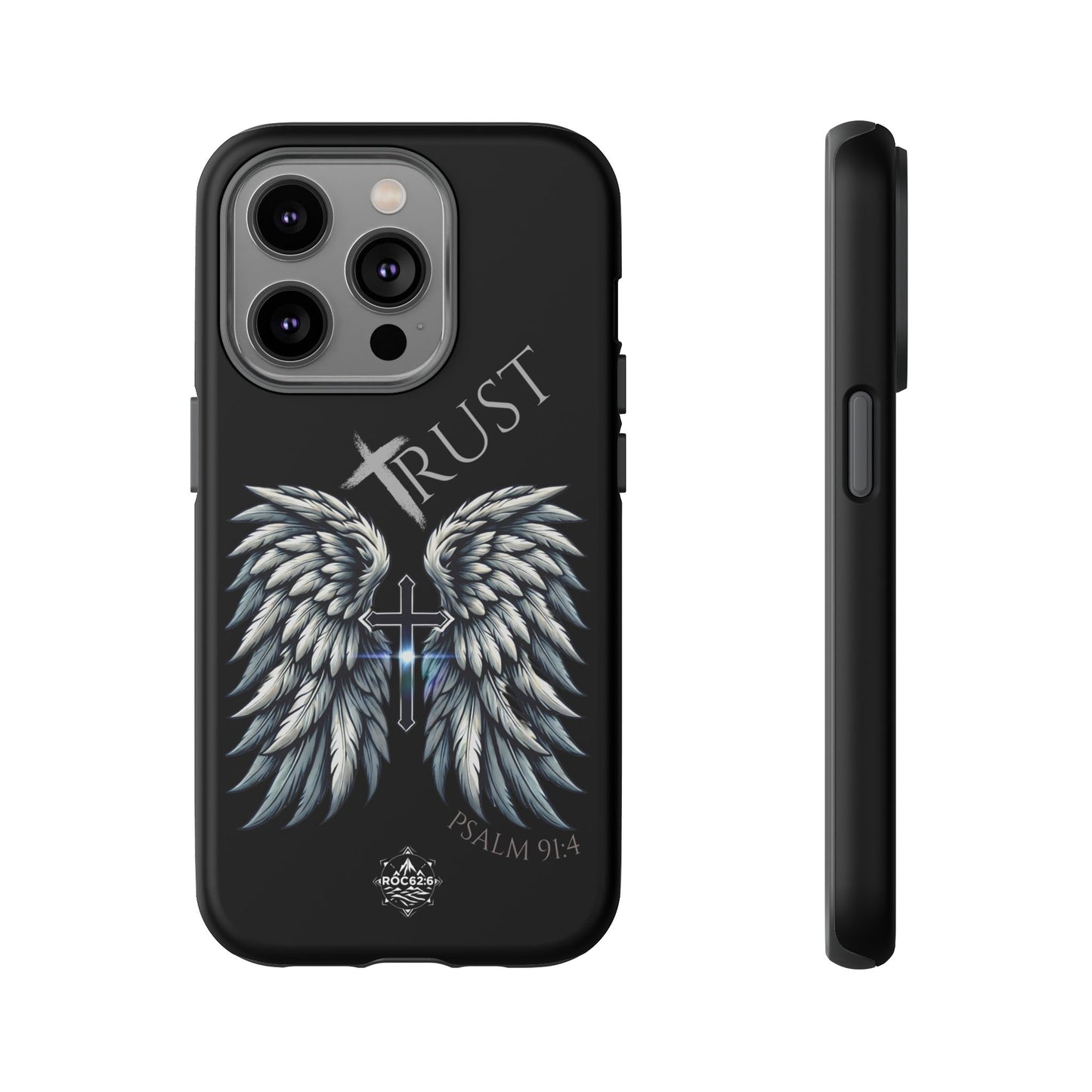 Wings Series Black Phone Case - Trust, Psalm 91:4 Design, Inspirational Gift, Christian Accessories, Spiritual Protection, Encouragement
