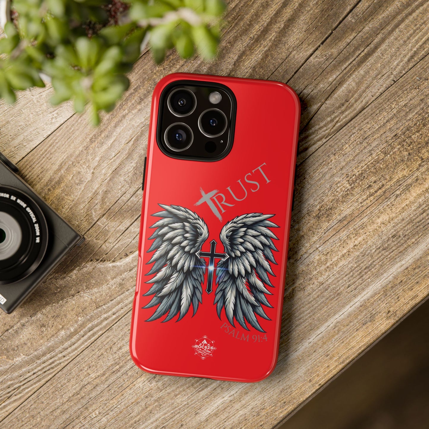 Wings Series Red Phone Case - Trust, Psalm 91:4 Design, Inspirational Gift, Christian Accessories, Spiritual Protection, Encouragement