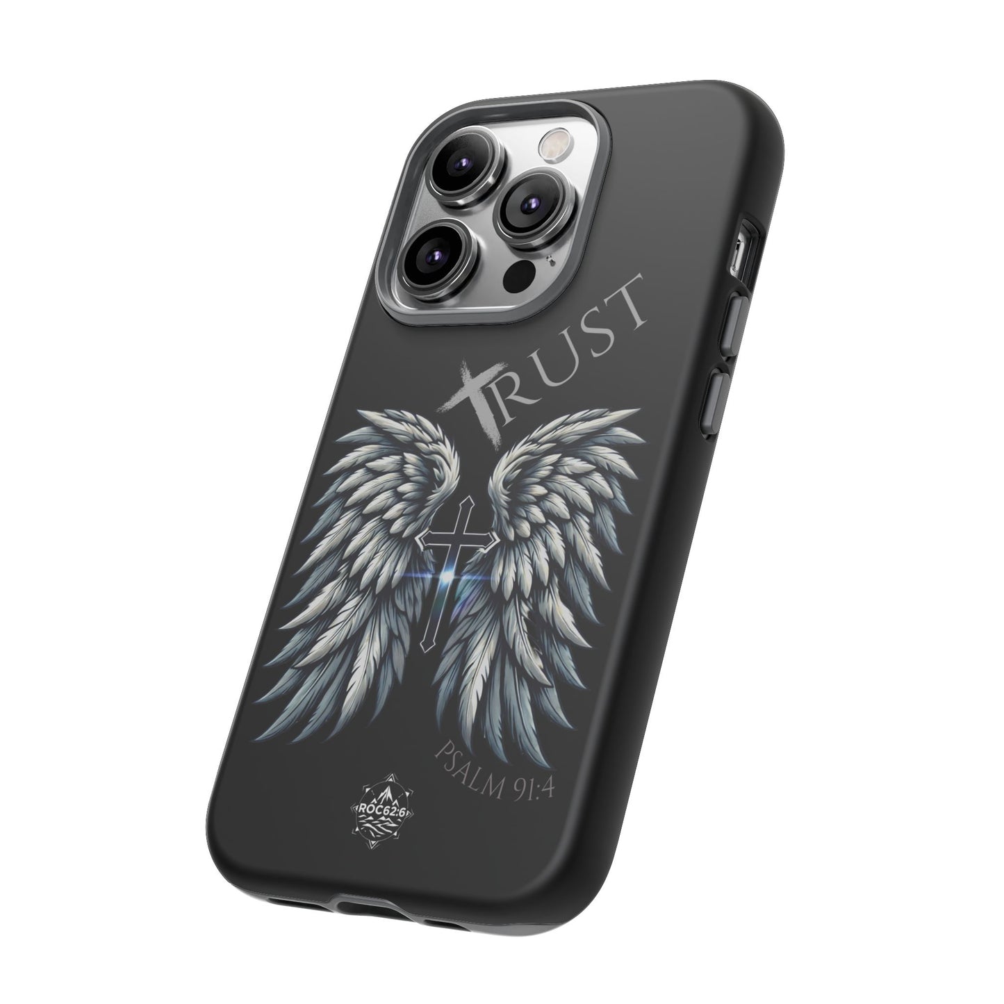 Wings Series Black Phone Case - Trust, Psalm 91:4 Design, Inspirational Gift, Christian Accessories, Spiritual Protection, Encouragement