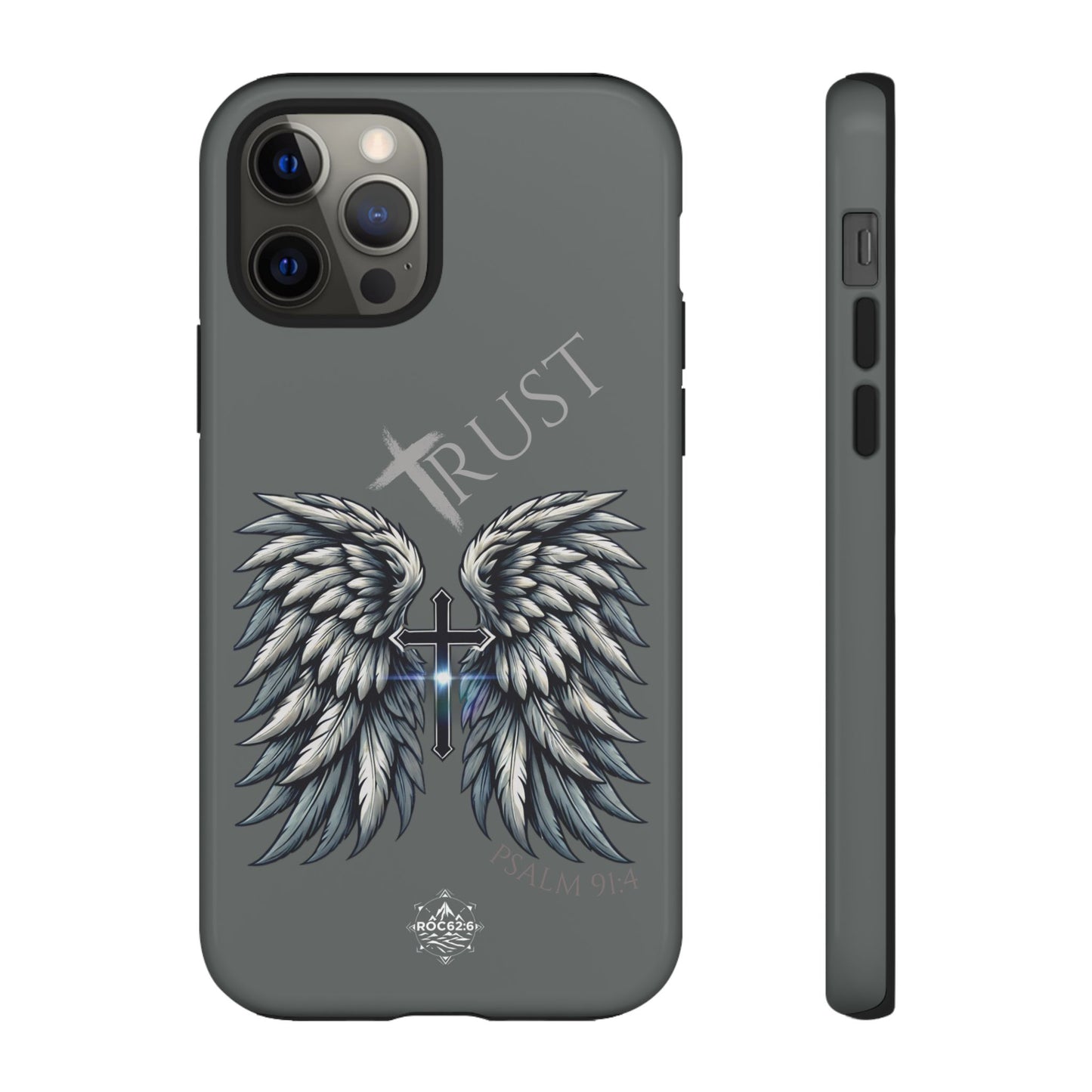 Wings Series Dark Grey Phone Case - Trust, Psalm 91:4 Design, Inspirational Gift, Christian Accessories, Spiritual Protection, Encouragement
