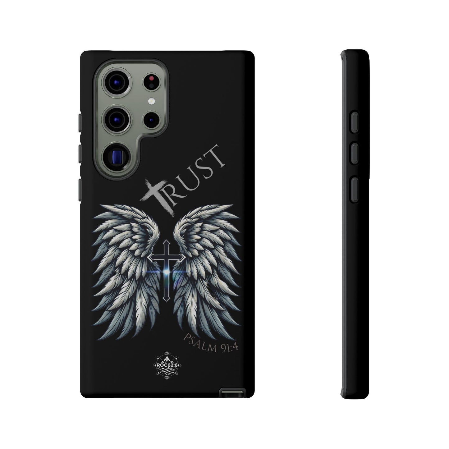 Wings Series Black Phone Case - Trust, Psalm 91:4 Design, Inspirational Gift, Christian Accessories, Spiritual Protection, Encouragement