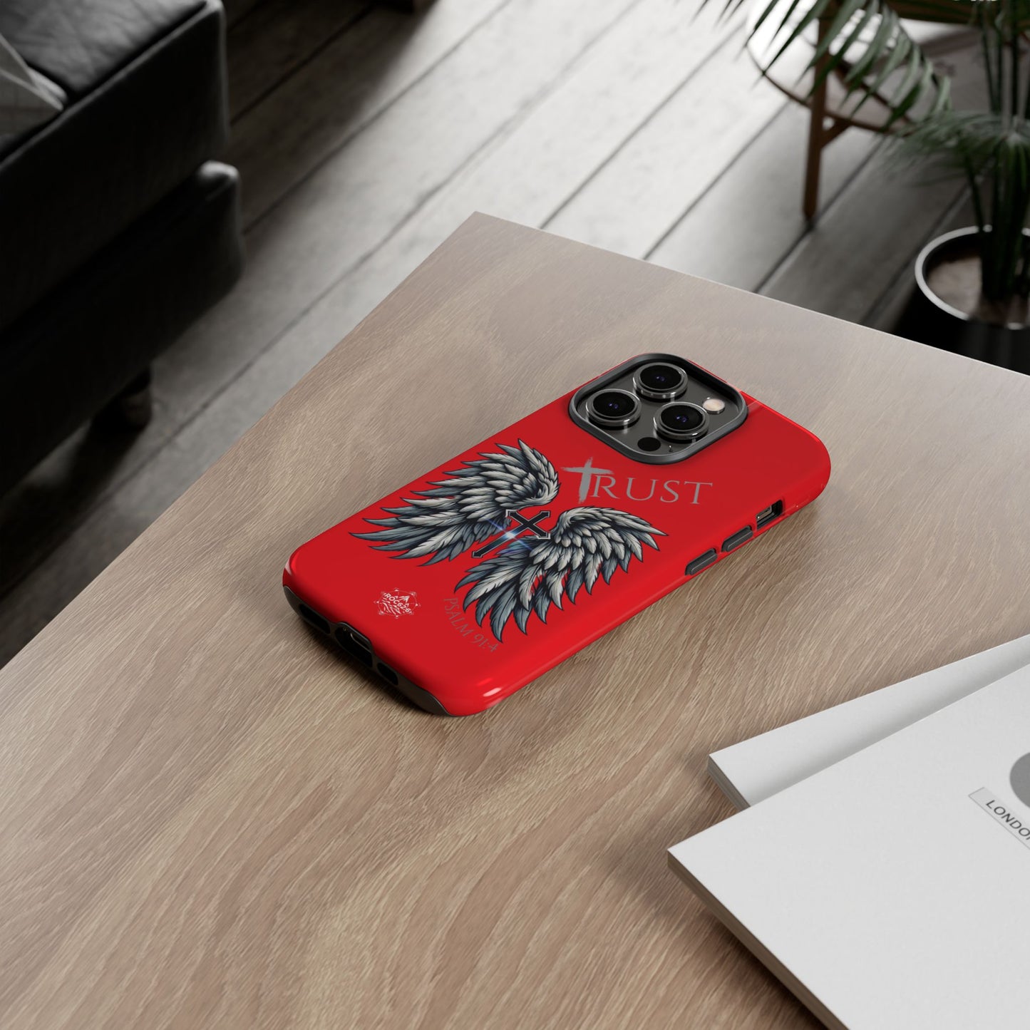 Wings Series Red Phone Case - Trust, Psalm 91:4 Design, Inspirational Gift, Christian Accessories, Spiritual Protection, Encouragement
