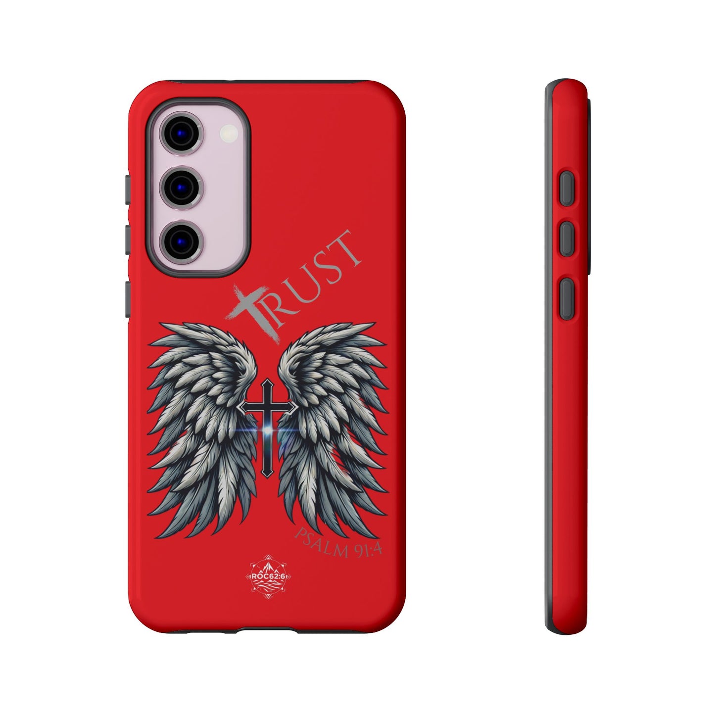 Wings Series Red Phone Case - Trust, Psalm 91:4 Design, Inspirational Gift, Christian Accessories, Spiritual Protection, Encouragement