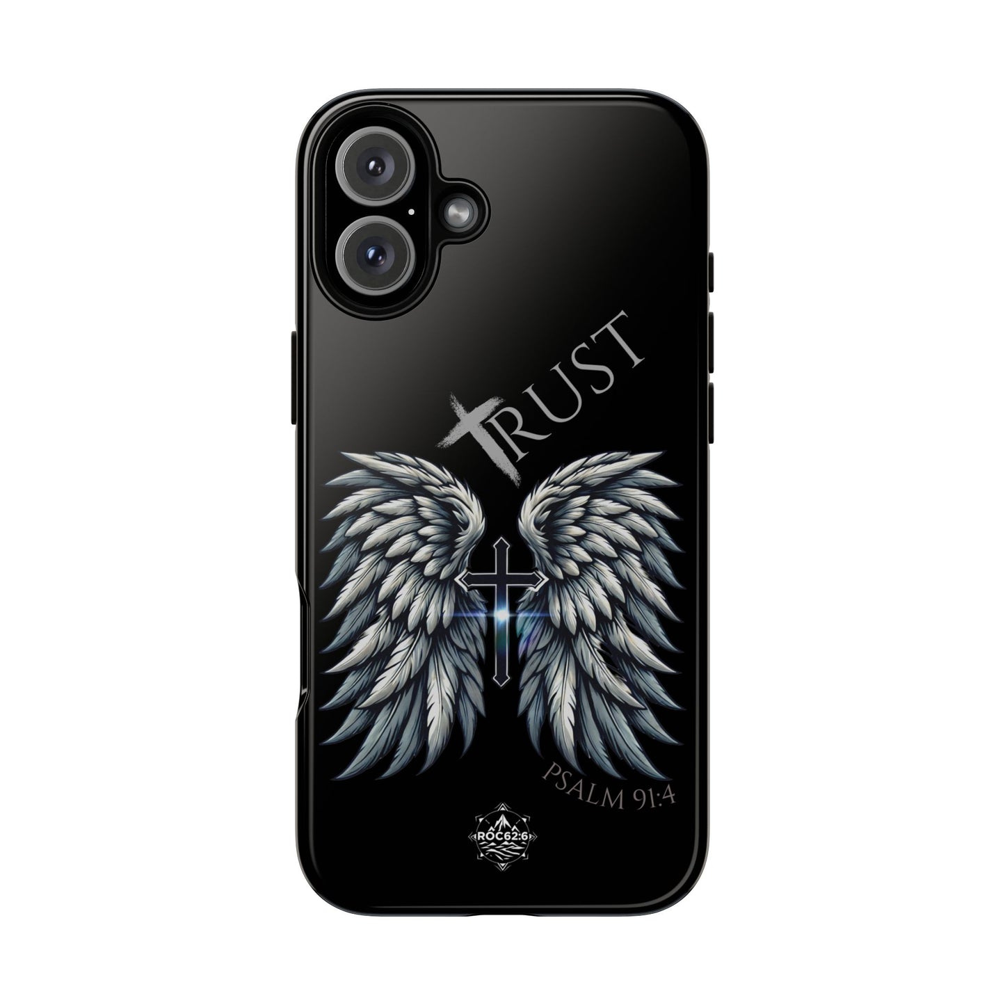 Wings Series Black Phone Case - Trust, Psalm 91:4 Design, Inspirational Gift, Christian Accessories, Spiritual Protection, Encouragement
