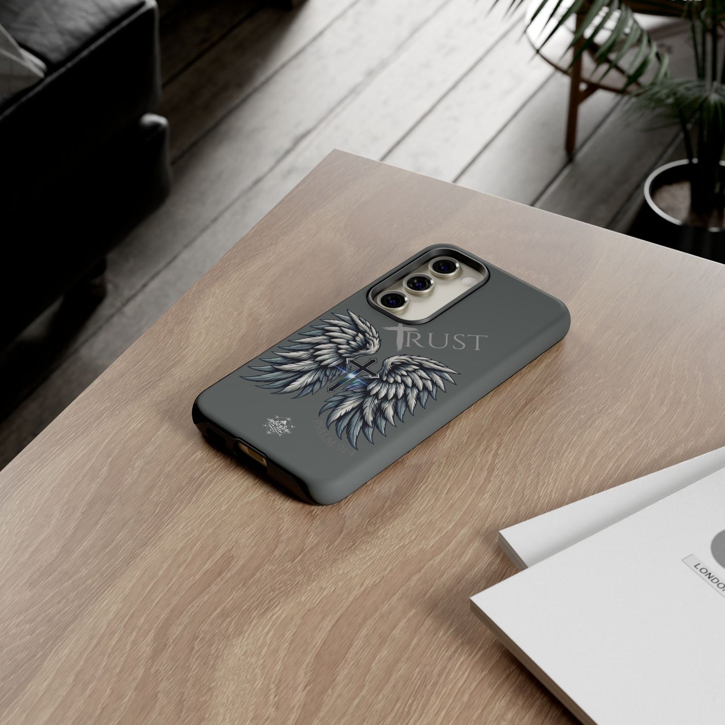 Wings Series Dark Grey Phone Case - Trust, Psalm 91:4 Design, Inspirational Gift, Christian Accessories, Spiritual Protection, Encouragement