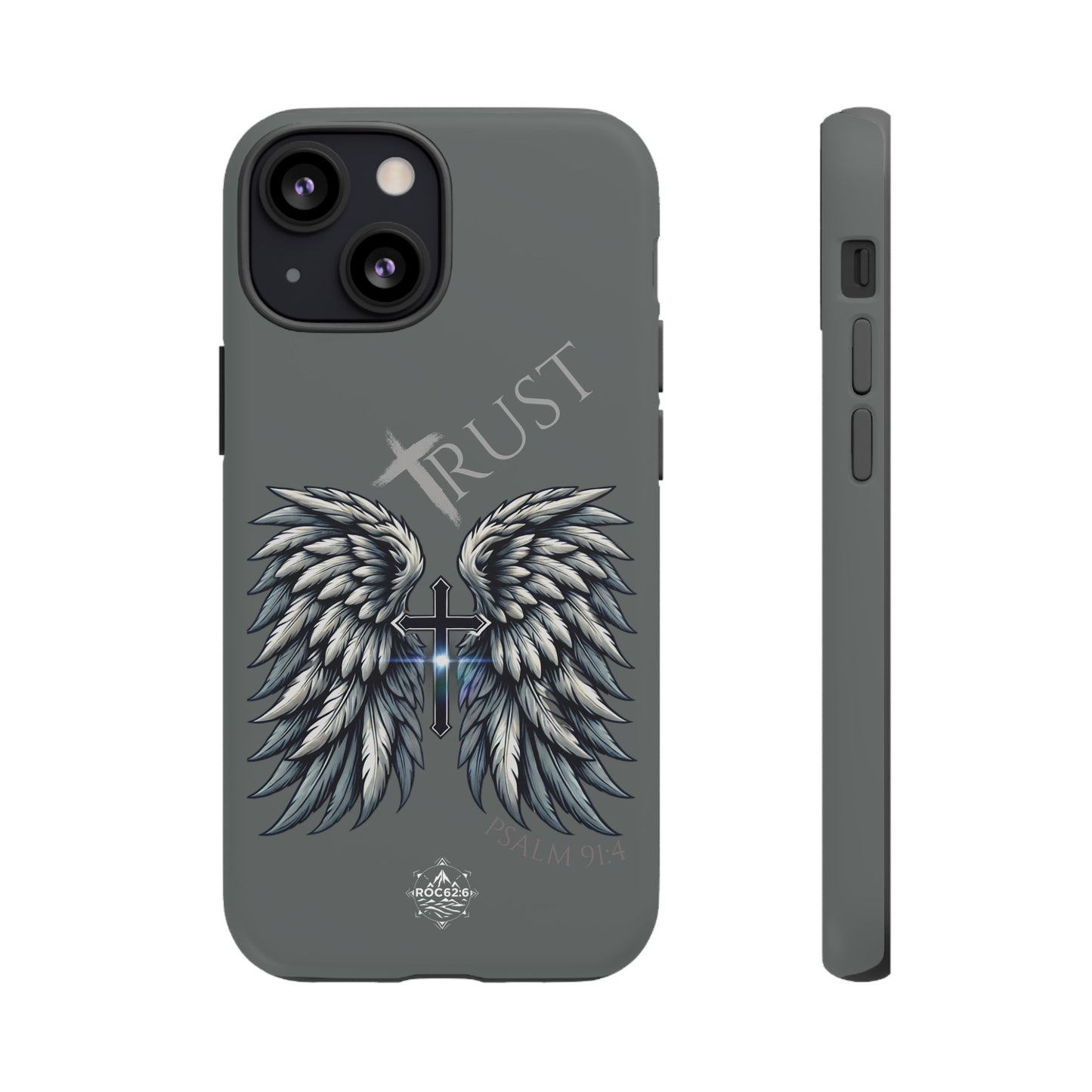 Wings Series Dark Grey Phone Case - Trust, Psalm 91:4 Design, Inspirational Gift, Christian Accessories, Spiritual Protection, Encouragement