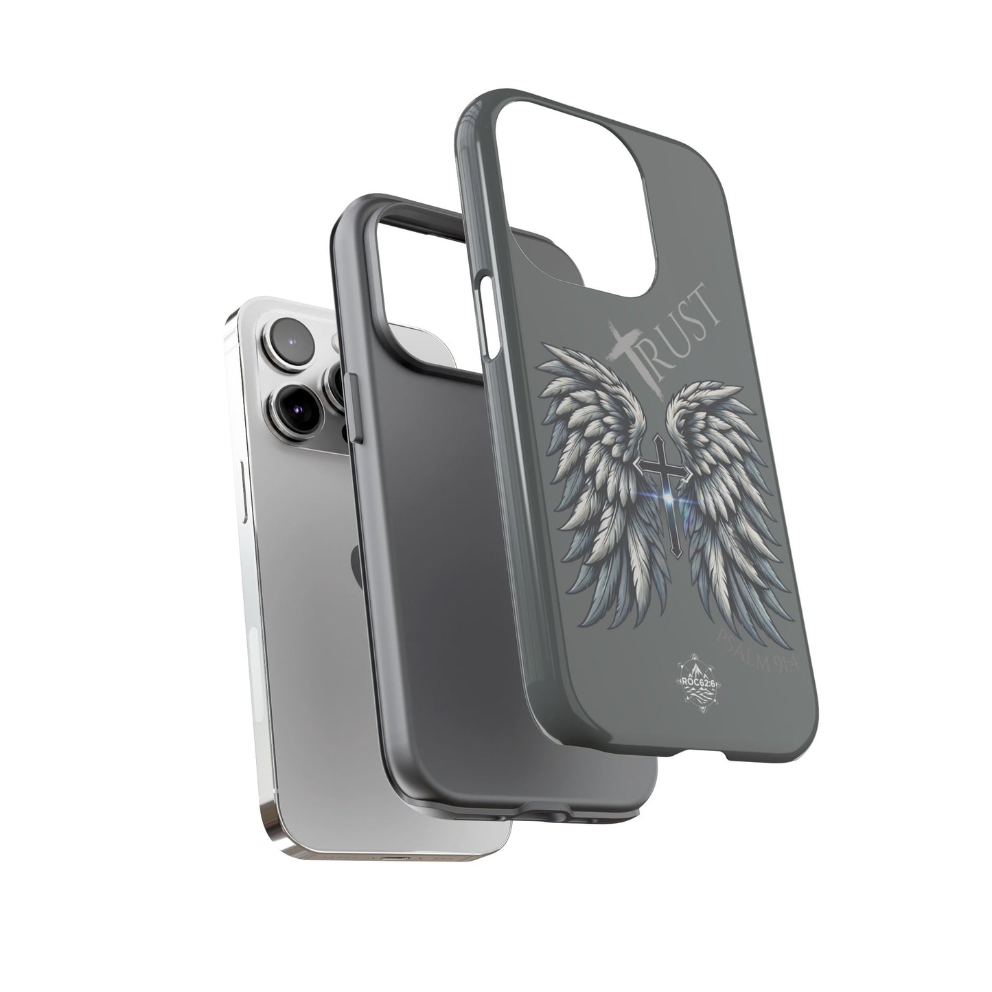 Wings Series Dark Grey Phone Case - Trust, Psalm 91:4 Design, Inspirational Gift, Christian Accessories, Spiritual Protection, Encouragement