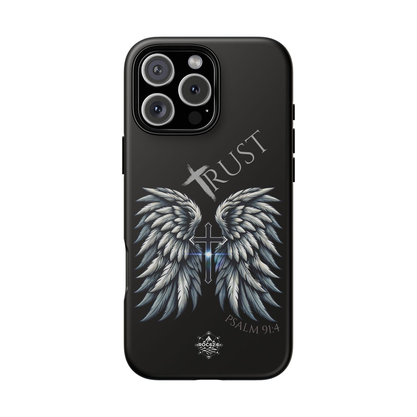 Wings Series Black Phone Case - Trust, Psalm 91:4 Design, Inspirational Gift, Christian Accessories, Spiritual Protection, Encouragement