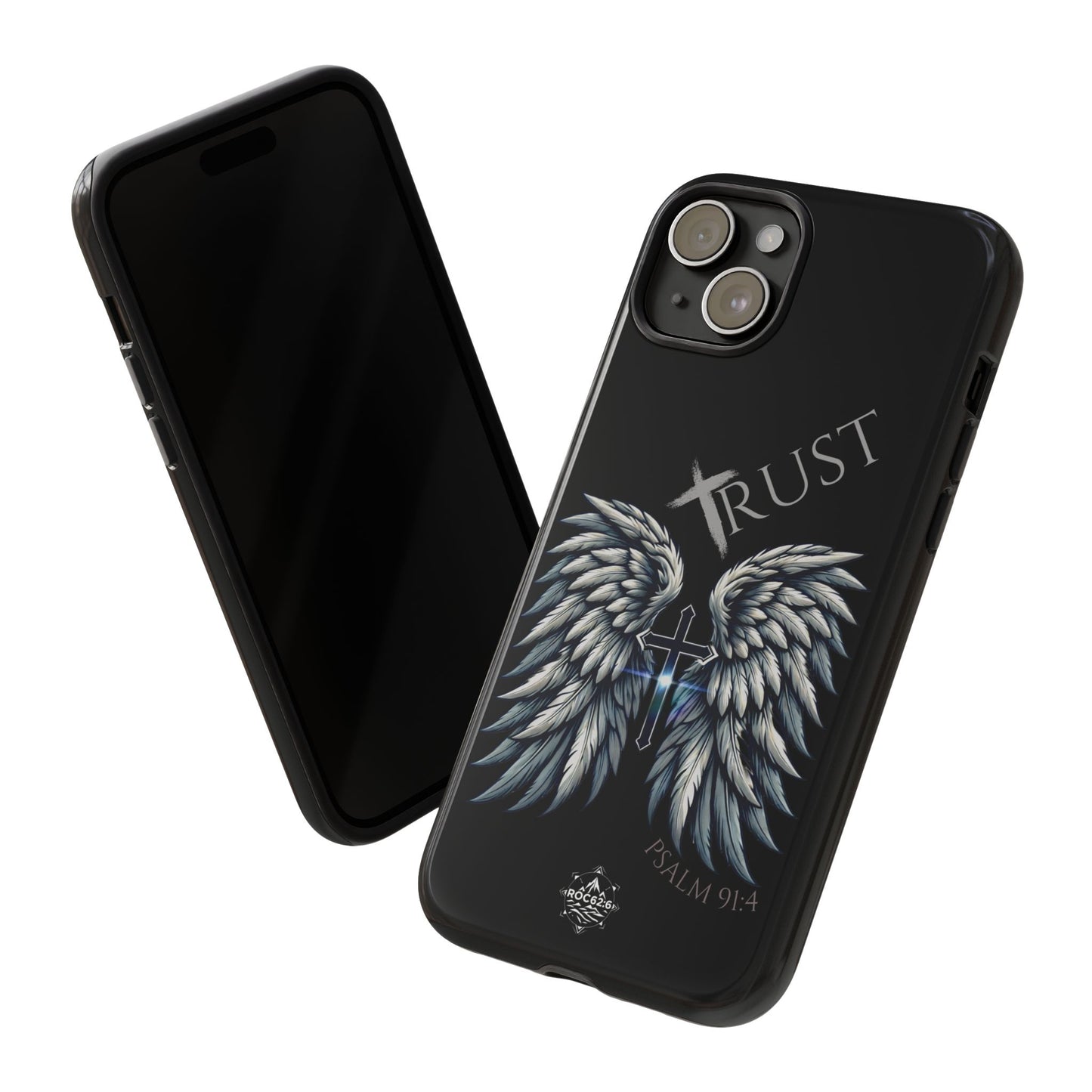 Wings Series Black Phone Case - Trust, Psalm 91:4 Design, Inspirational Gift, Christian Accessories, Spiritual Protection, Encouragement