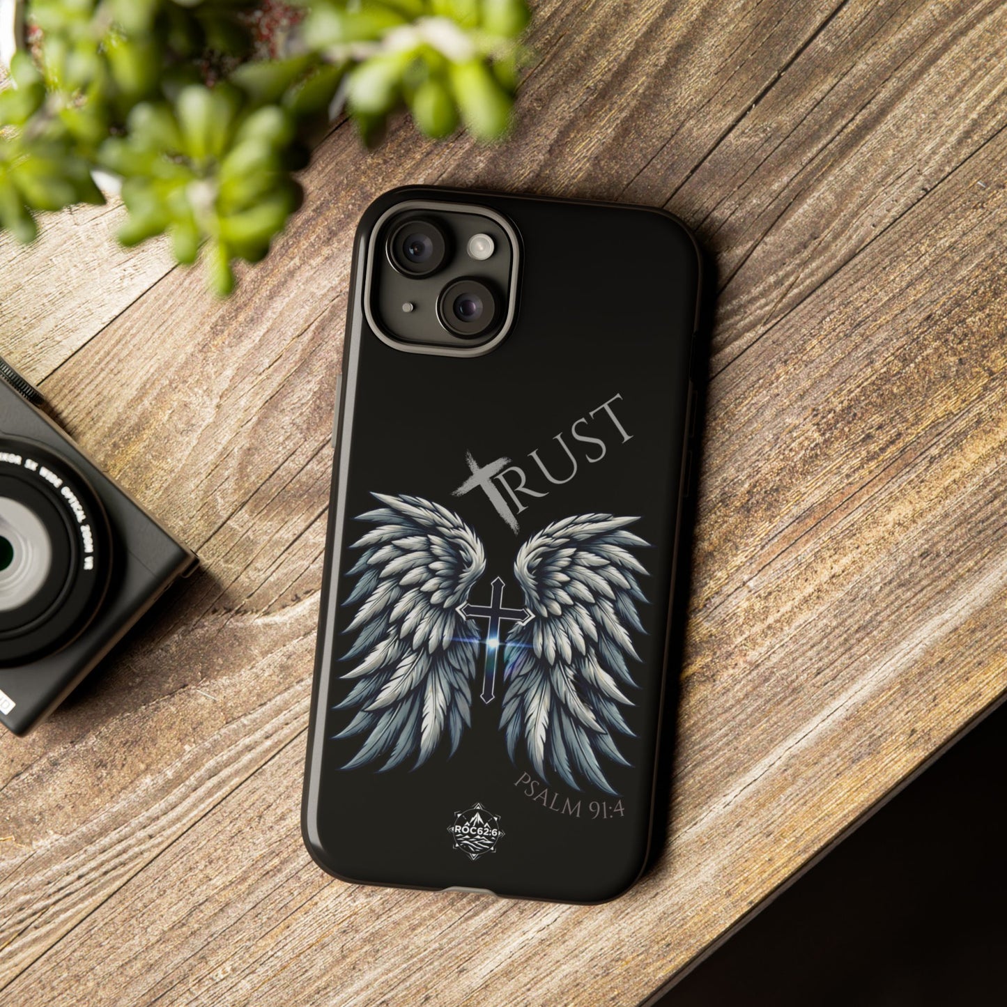 Wings Series Black Phone Case - Trust, Psalm 91:4 Design, Inspirational Gift, Christian Accessories, Spiritual Protection, Encouragement