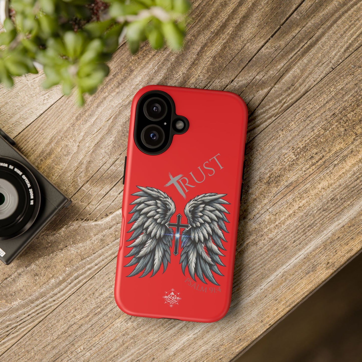 Wings Series Red Phone Case - Trust, Psalm 91:4 Design, Inspirational Gift, Christian Accessories, Spiritual Protection, Encouragement