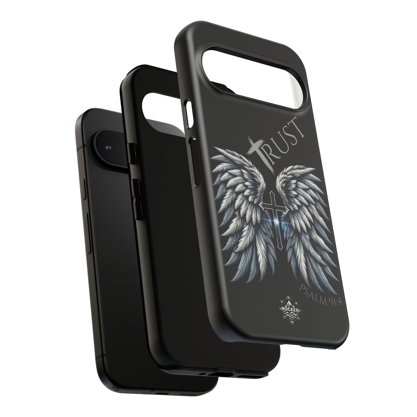 Wings Series Black Phone Case - Trust, Psalm 91:4 Design, Inspirational Gift, Christian Accessories, Spiritual Protection, Encouragement