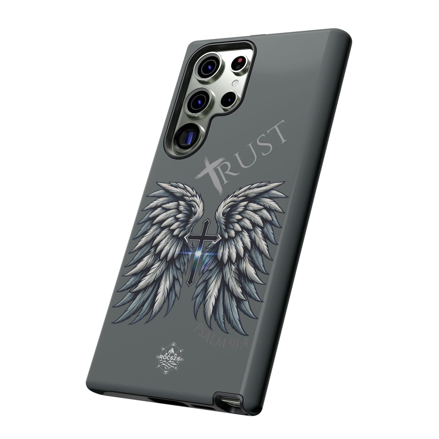 Wings Series Dark Grey Phone Case - Trust, Psalm 91:4 Design, Inspirational Gift, Christian Accessories, Spiritual Protection, Encouragement