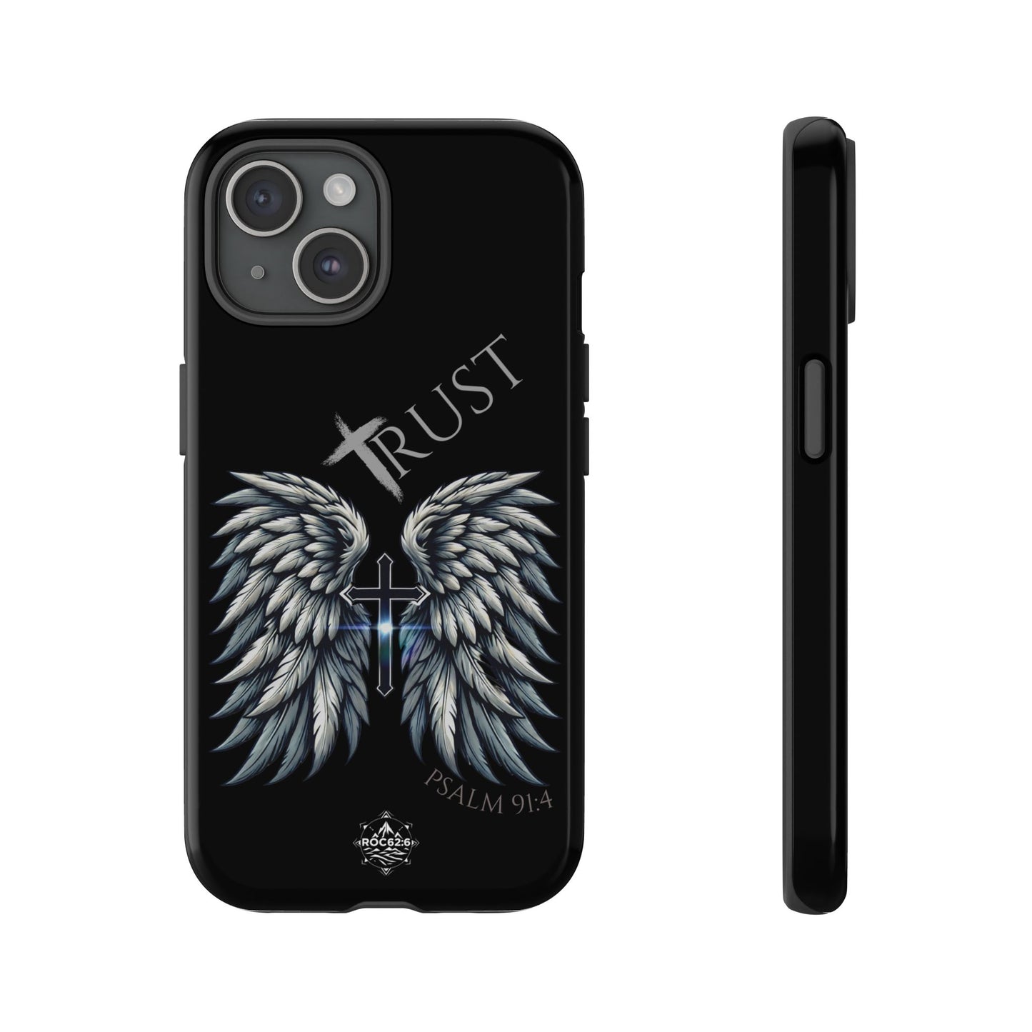 Wings Series Black Phone Case - Trust, Psalm 91:4 Design, Inspirational Gift, Christian Accessories, Spiritual Protection, Encouragement