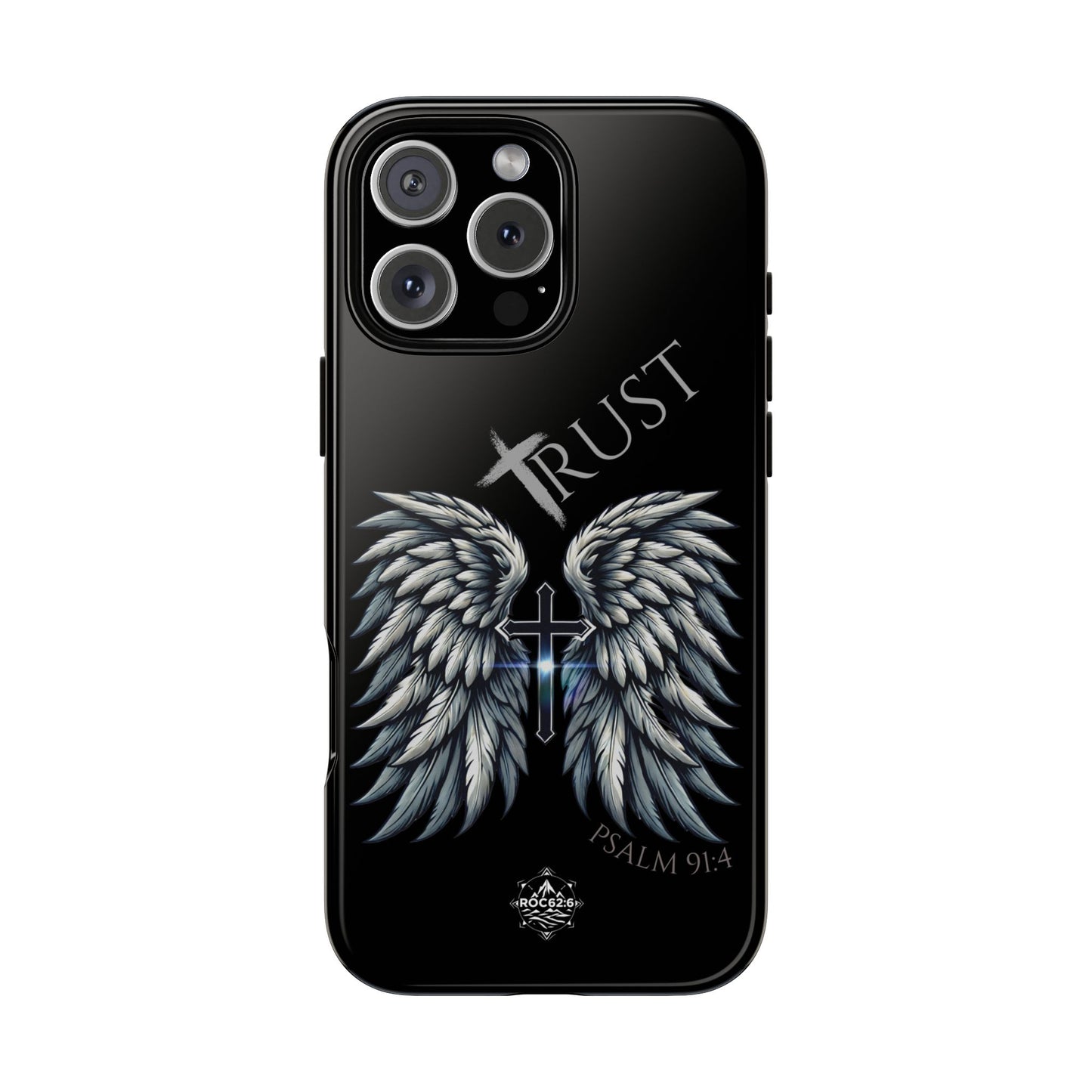 Wings Series Black Phone Case - Trust, Psalm 91:4 Design, Inspirational Gift, Christian Accessories, Spiritual Protection, Encouragement