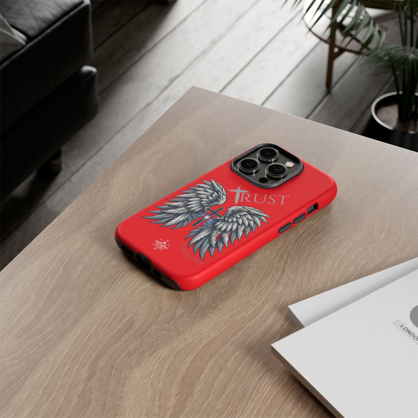 Wings Series Red Phone Case - Trust, Psalm 91:4 Design, Inspirational Gift, Christian Accessories, Spiritual Protection, Encouragement