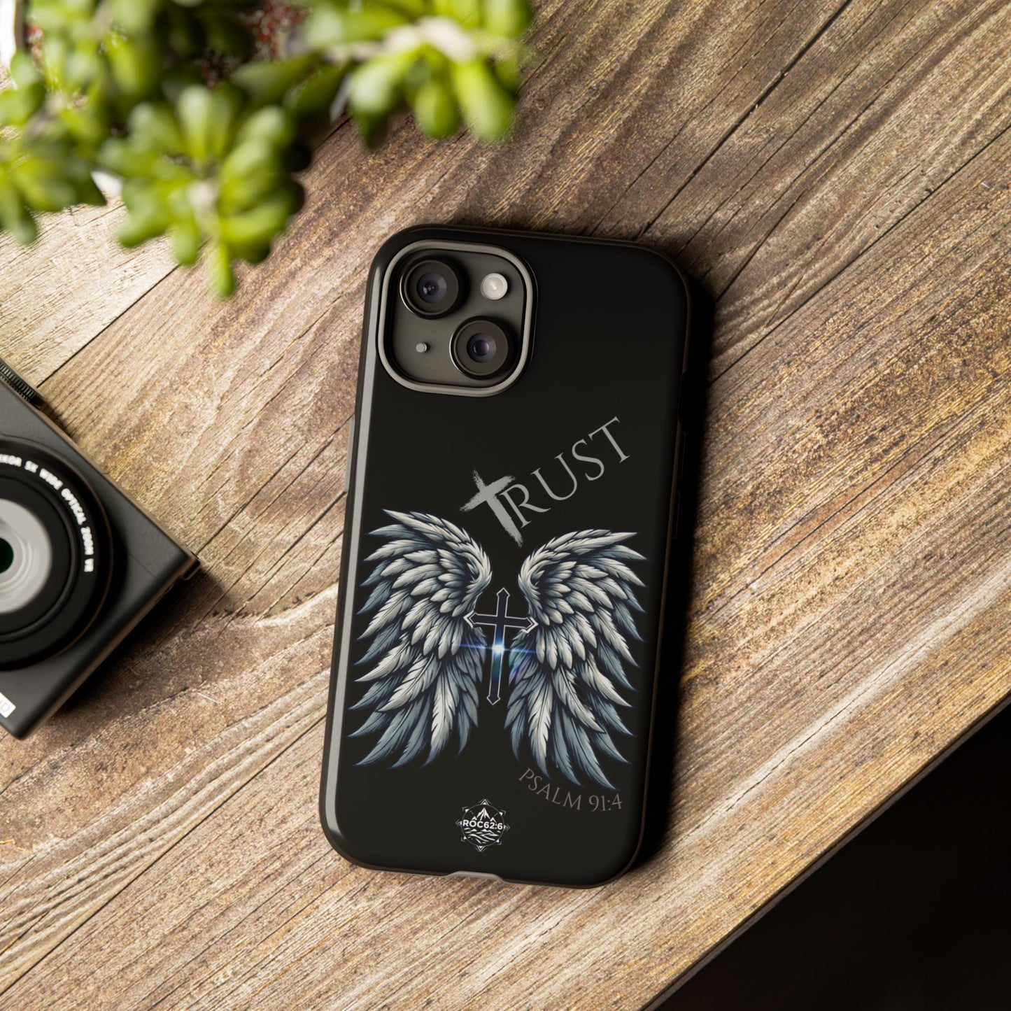 Wings Series Black Phone Case - Trust, Psalm 91:4 Design, Inspirational Gift, Christian Accessories, Spiritual Protection, Encouragement
