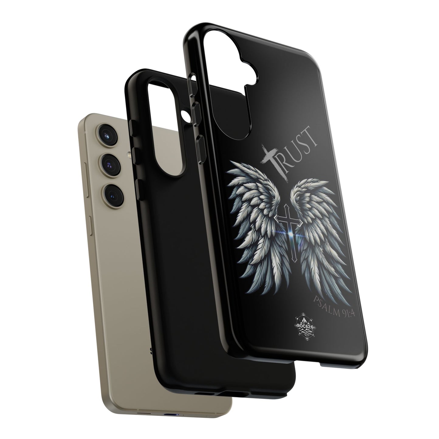 Wings Series Black Phone Case - Trust, Psalm 91:4 Design, Inspirational Gift, Christian Accessories, Spiritual Protection, Encouragement