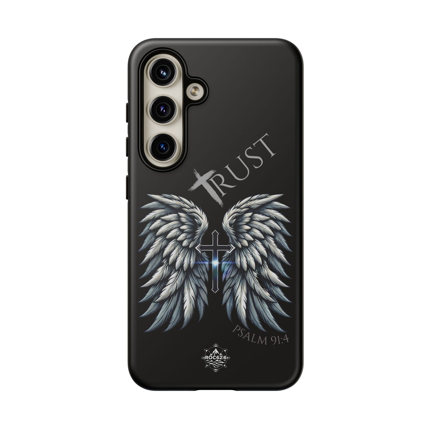 Wings Series Black Phone Case - Trust, Psalm 91:4 Design, Inspirational Gift, Christian Accessories, Spiritual Protection, Encouragement
