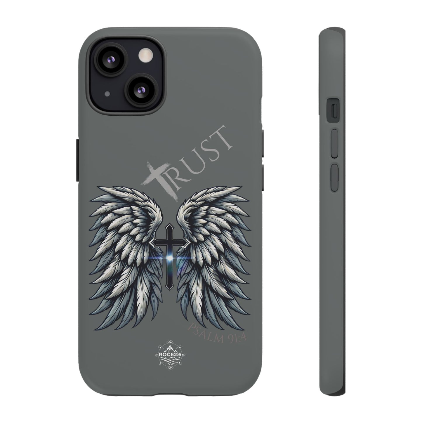 Wings Series Dark Grey Phone Case - Trust, Psalm 91:4 Design, Inspirational Gift, Christian Accessories, Spiritual Protection, Encouragement