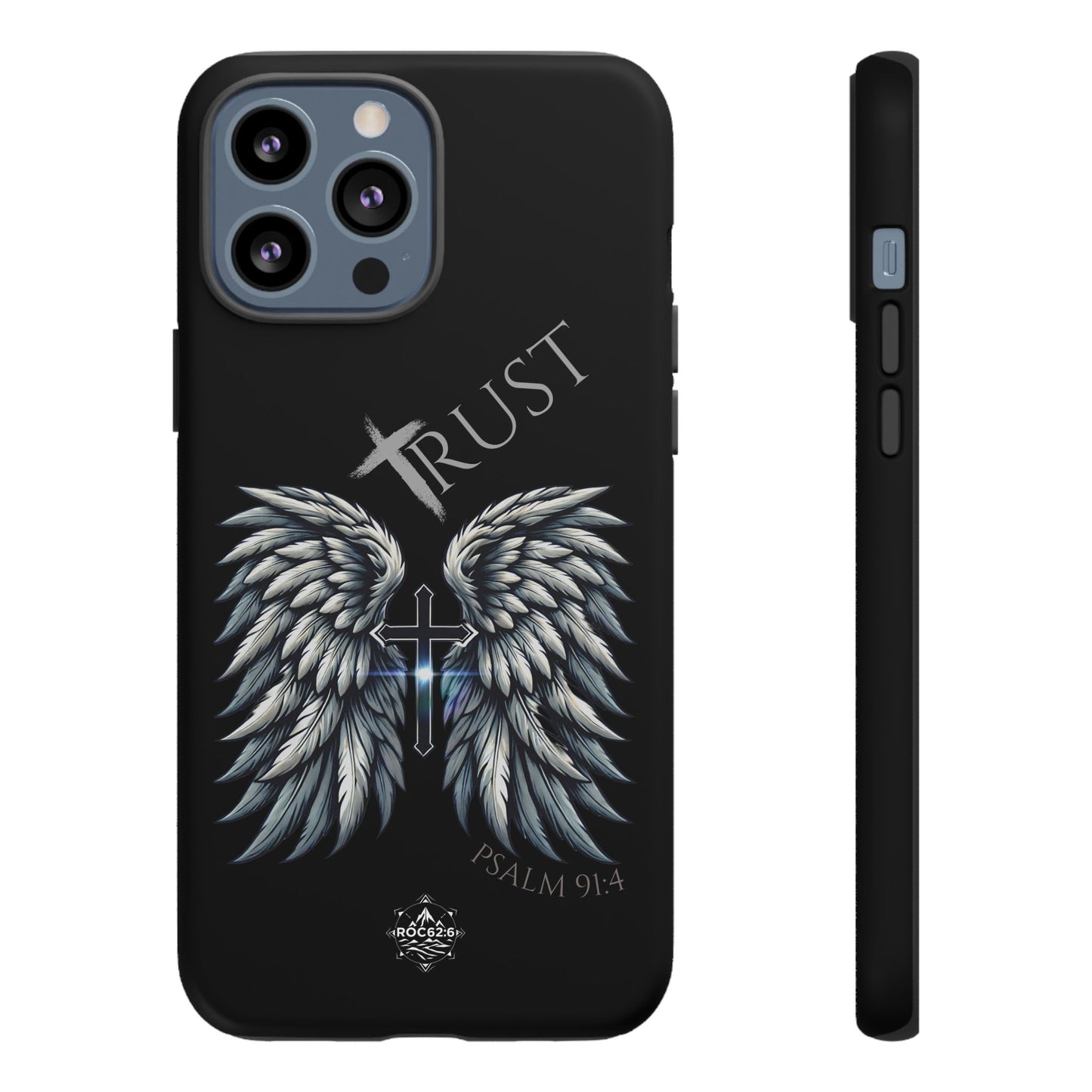 Wings Series Black Phone Case - Trust, Psalm 91:4 Design, Inspirational Gift, Christian Accessories, Spiritual Protection, Encouragement