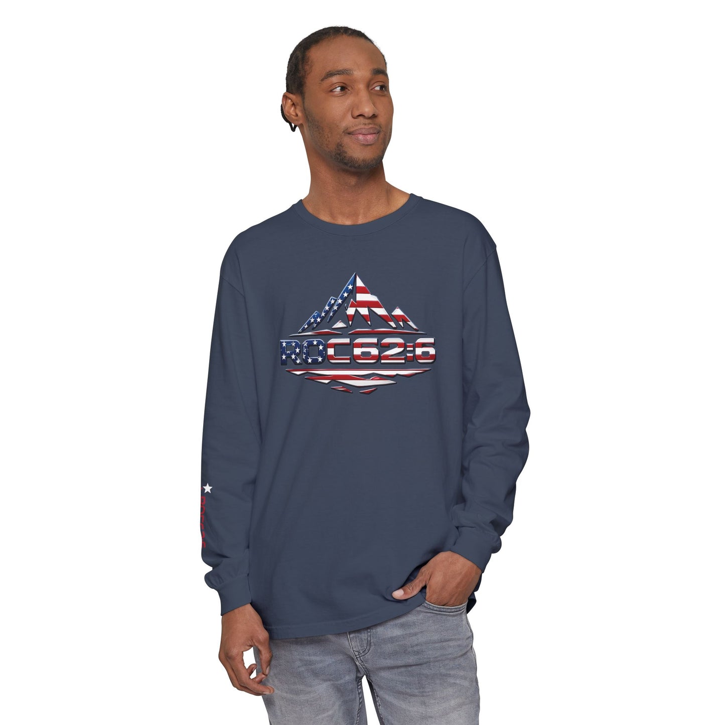 American Flag Mountain ROC626 Long Sleeve Shirt | Patriotic Outdoor Tee
