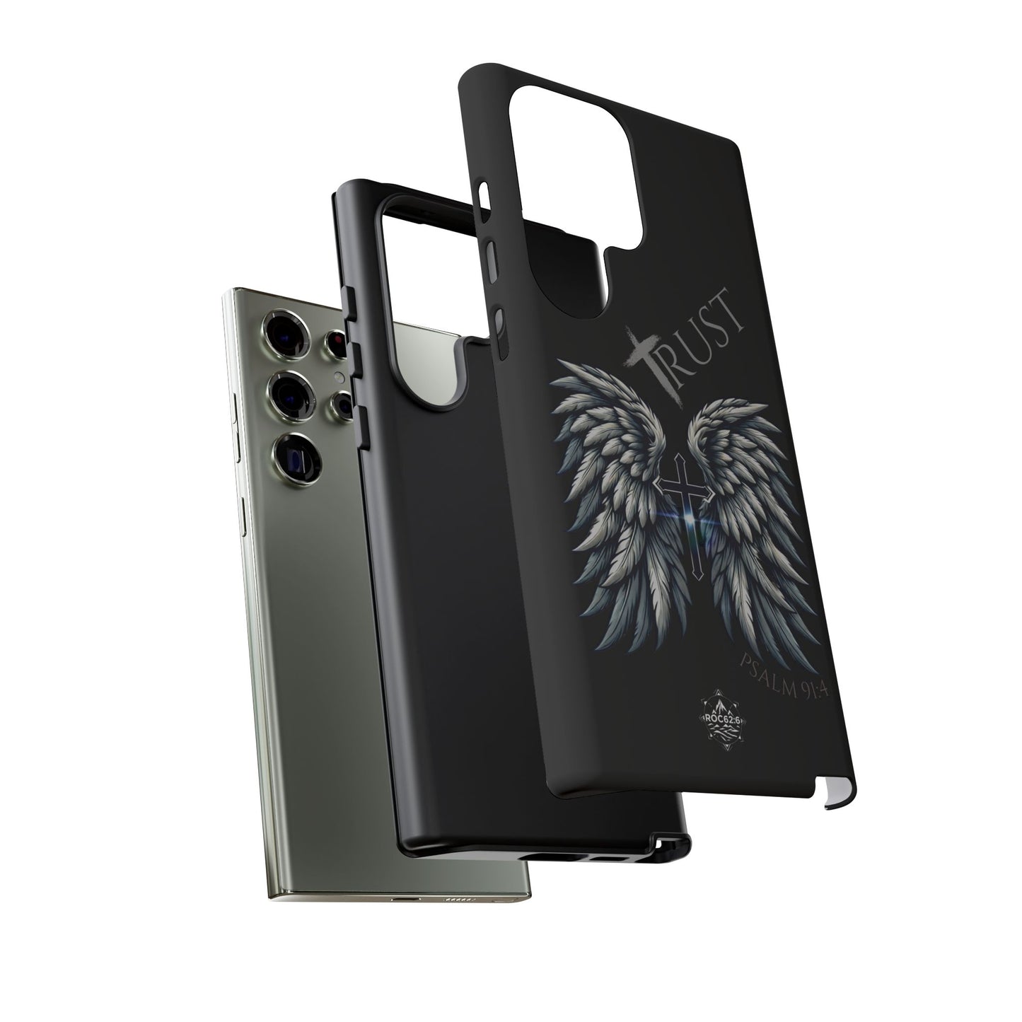 Wings Series Black Phone Case - Trust, Psalm 91:4 Design, Inspirational Gift, Christian Accessories, Spiritual Protection, Encouragement