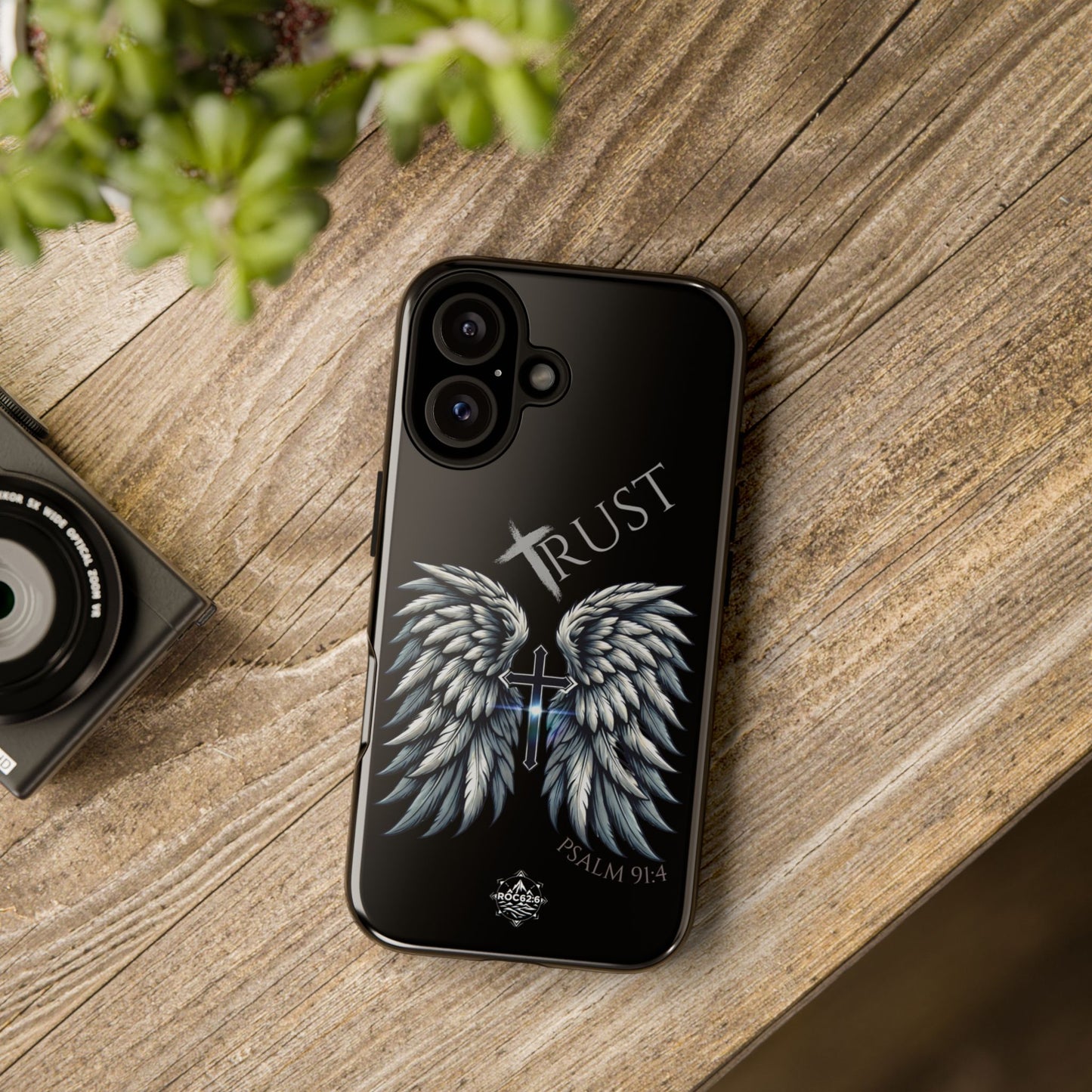 Wings Series Black Phone Case - Trust, Psalm 91:4 Design, Inspirational Gift, Christian Accessories, Spiritual Protection, Encouragement