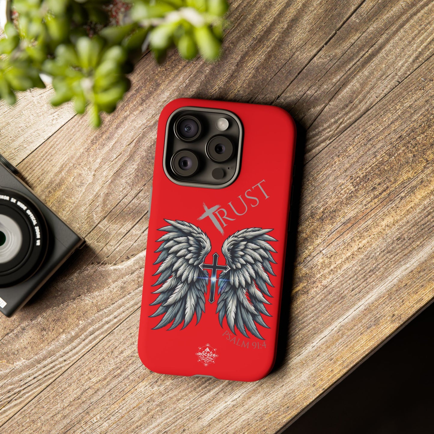 Wings Series Red Phone Case - Trust, Psalm 91:4 Design, Inspirational Gift, Christian Accessories, Spiritual Protection, Encouragement
