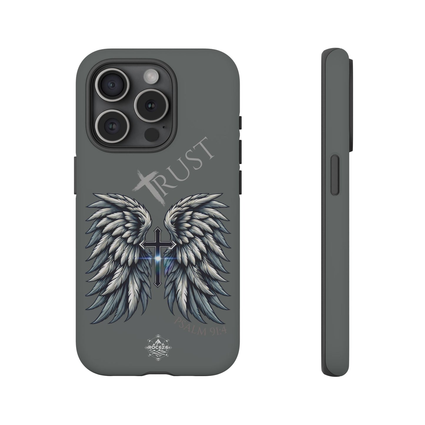 Wings Series Dark Grey Phone Case - Trust, Psalm 91:4 Design, Inspirational Gift, Christian Accessories, Spiritual Protection, Encouragement