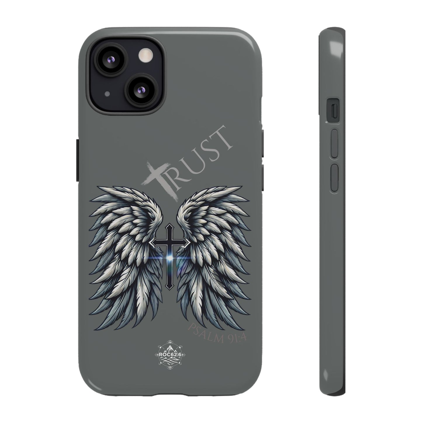 Wings Series Dark Grey Phone Case - Trust, Psalm 91:4 Design, Inspirational Gift, Christian Accessories, Spiritual Protection, Encouragement