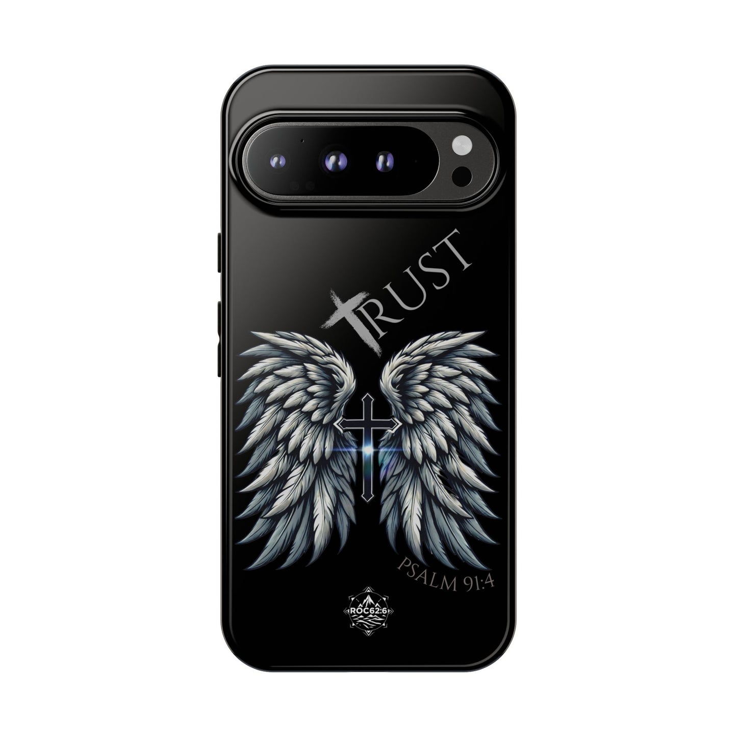 Wings Series Black Phone Case - Trust, Psalm 91:4 Design, Inspirational Gift, Christian Accessories, Spiritual Protection, Encouragement