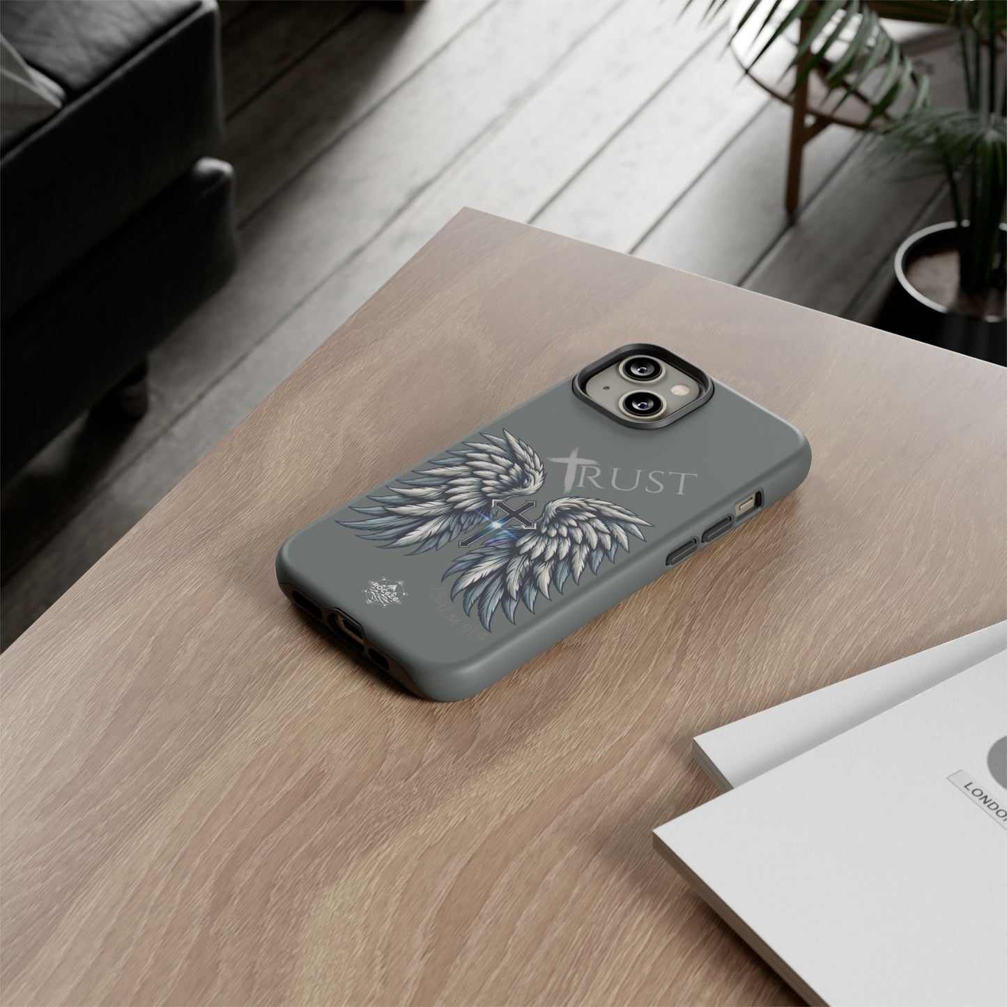 Wings Series Dark Grey Phone Case - Trust, Psalm 91:4 Design, Inspirational Gift, Christian Accessories, Spiritual Protection, Encouragement