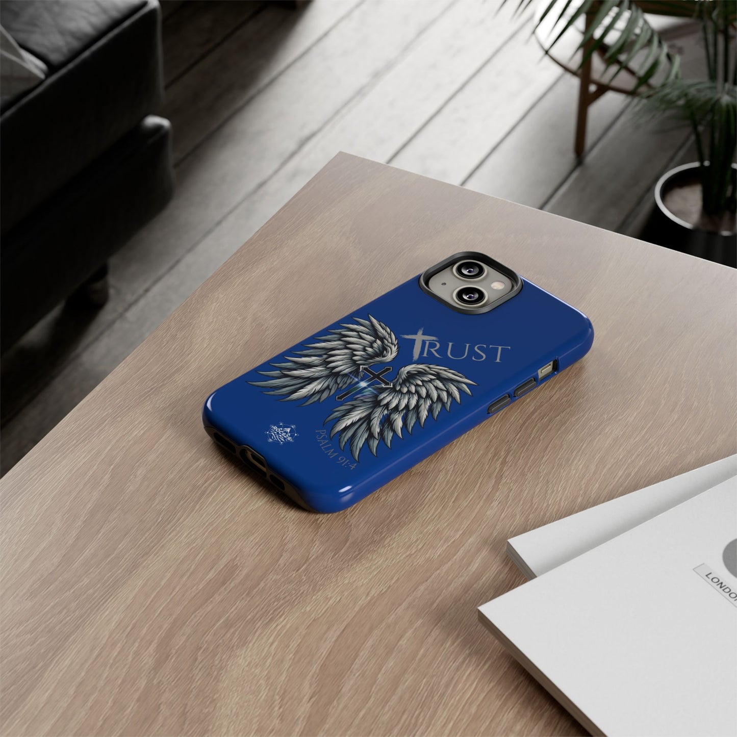 Wings Series Blue Phone Case - Trust, Psalm 91:4 Design, Inspirational Gift, Christian Accessories, Spiritual Protection, Encouragement