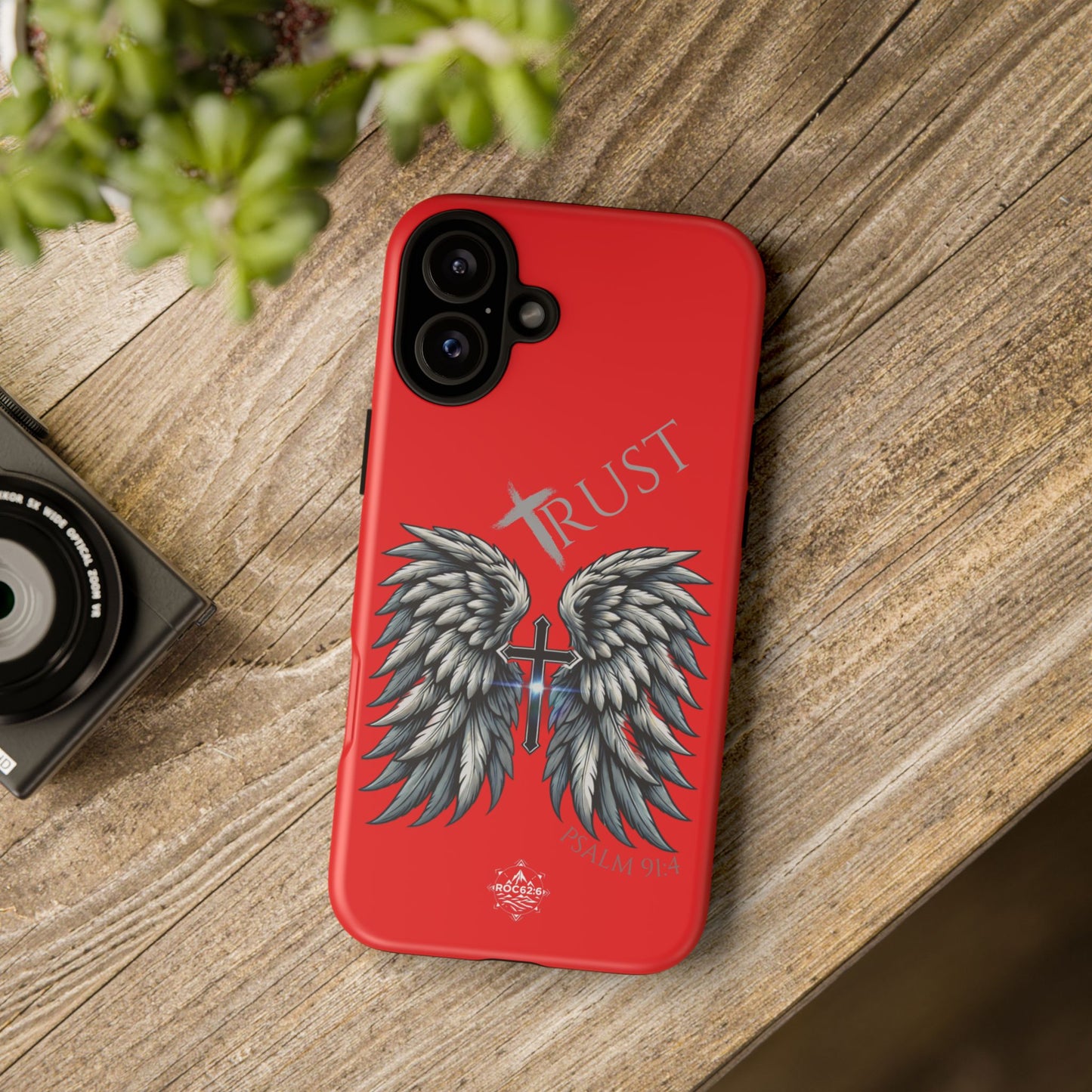 Wings Series Red Phone Case - Trust, Psalm 91:4 Design, Inspirational Gift, Christian Accessories, Spiritual Protection, Encouragement