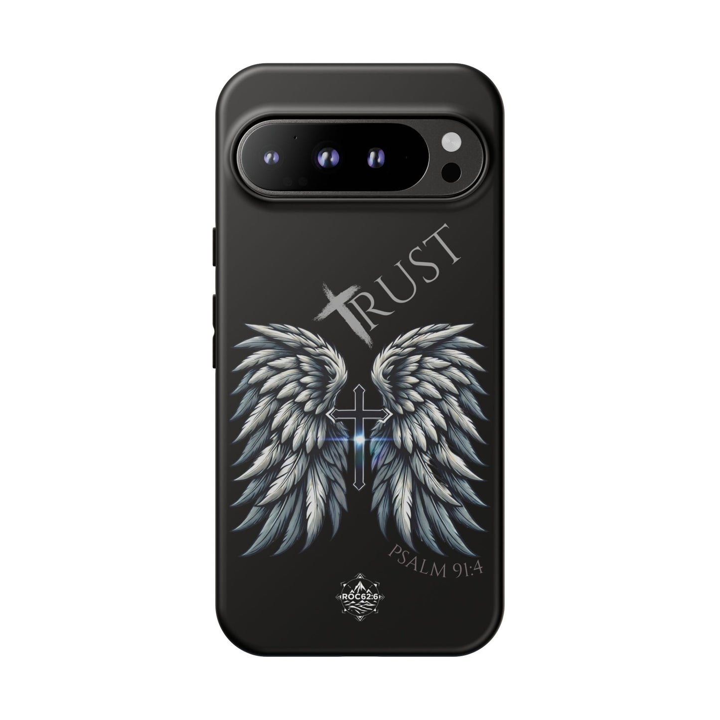 Wings Series Black Phone Case - Trust, Psalm 91:4 Design, Inspirational Gift, Christian Accessories, Spiritual Protection, Encouragement