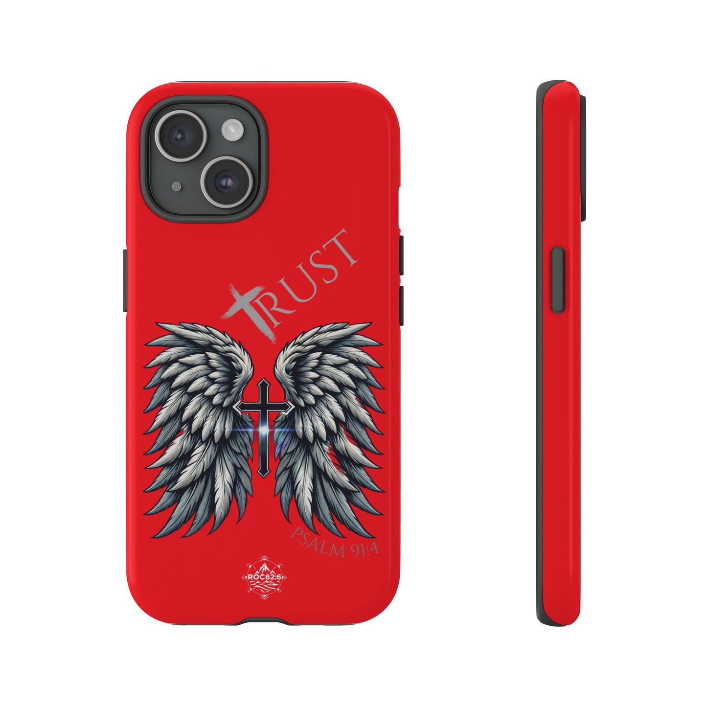 Wings Series Red Phone Case - Trust, Psalm 91:4 Design, Inspirational Gift, Christian Accessories, Spiritual Protection, Encouragement