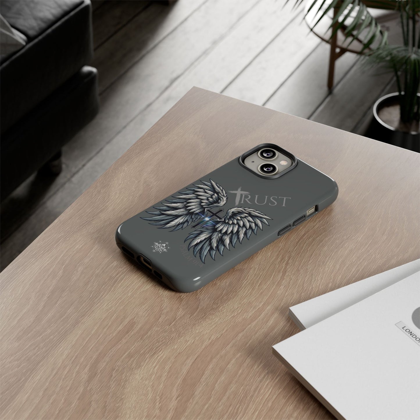 Wings Series Dark Grey Phone Case - Trust, Psalm 91:4 Design, Inspirational Gift, Christian Accessories, Spiritual Protection, Encouragement
