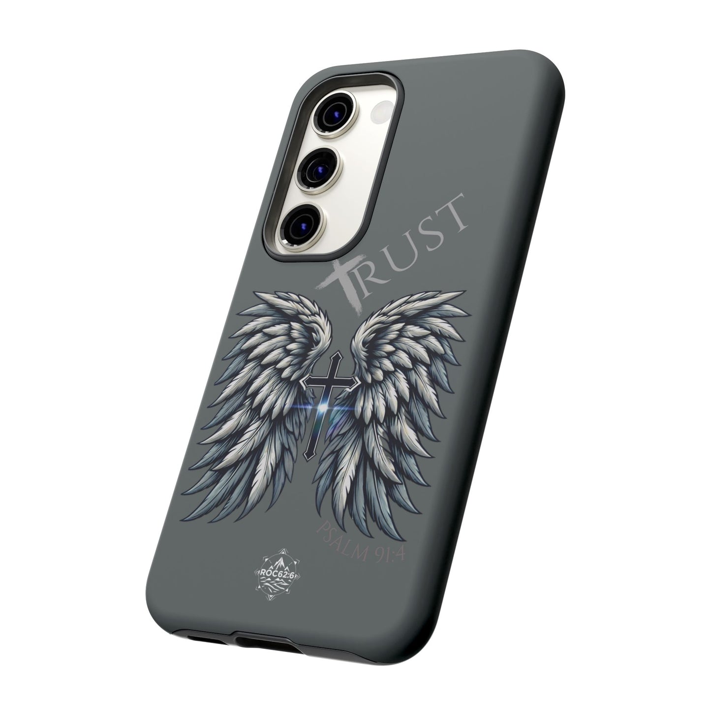Wings Series Dark Grey Phone Case - Trust, Psalm 91:4 Design, Inspirational Gift, Christian Accessories, Spiritual Protection, Encouragement