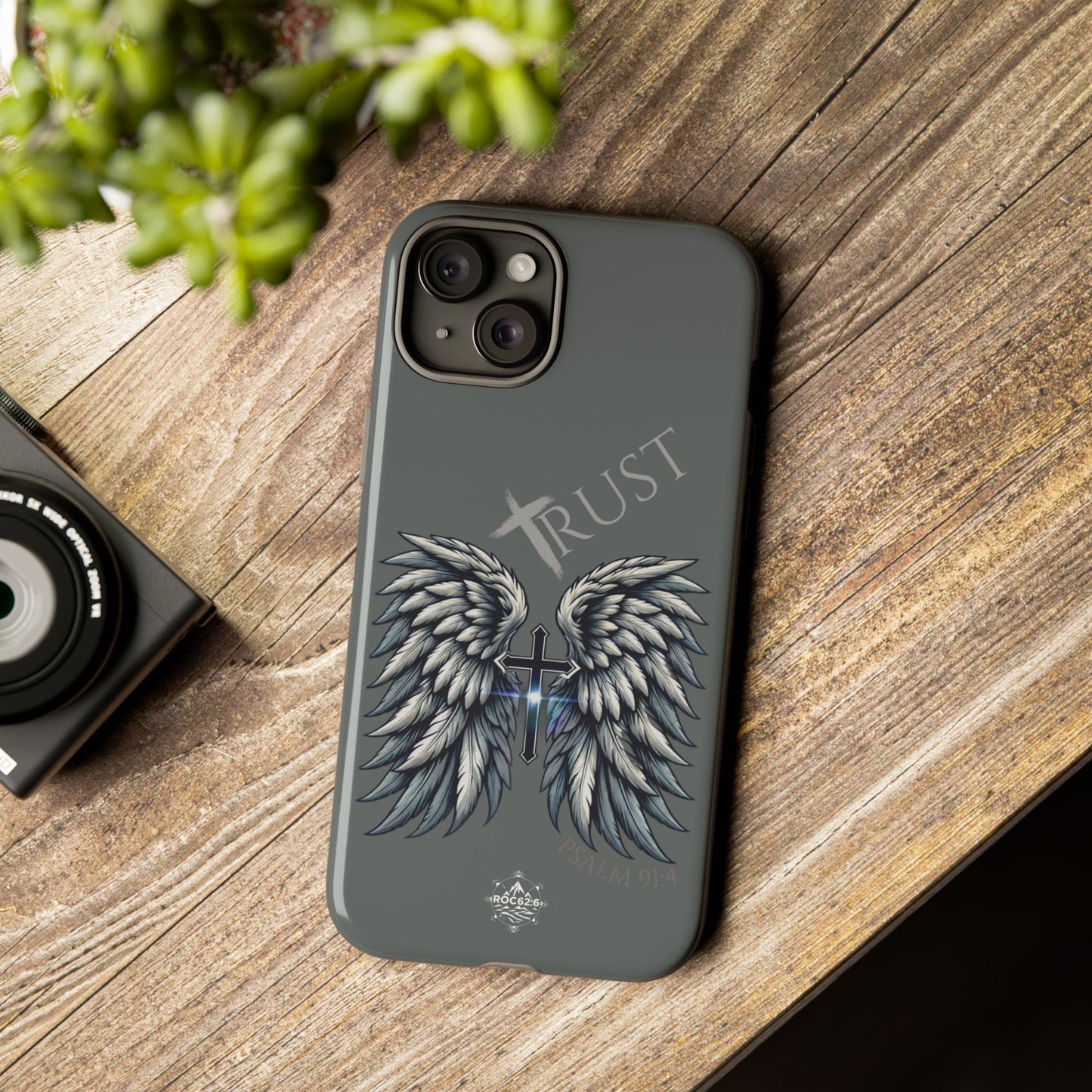 Wings Series Dark Grey Phone Case - Trust, Psalm 91:4 Design, Inspirational Gift, Christian Accessories, Spiritual Protection, Encouragement