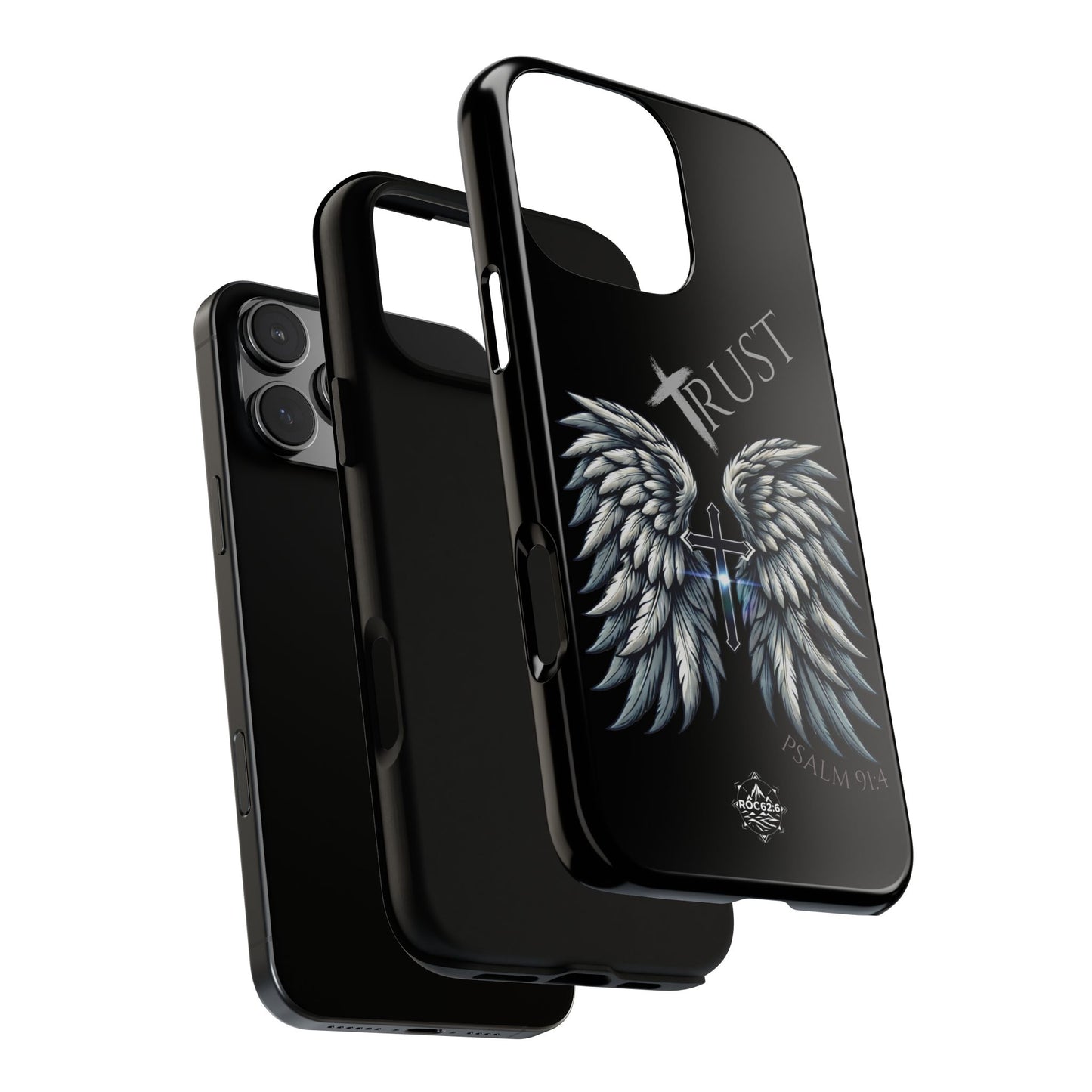 Wings Series Black Phone Case - Trust, Psalm 91:4 Design, Inspirational Gift, Christian Accessories, Spiritual Protection, Encouragement