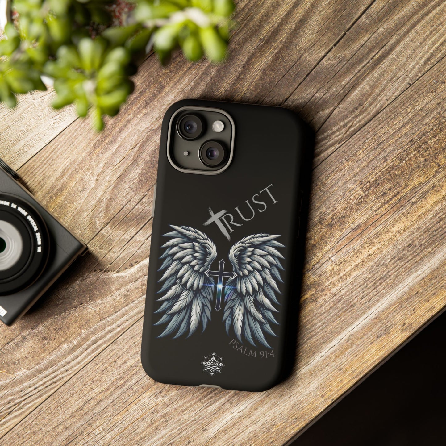 Wings Series Black Phone Case - Trust, Psalm 91:4 Design, Inspirational Gift, Christian Accessories, Spiritual Protection, Encouragement