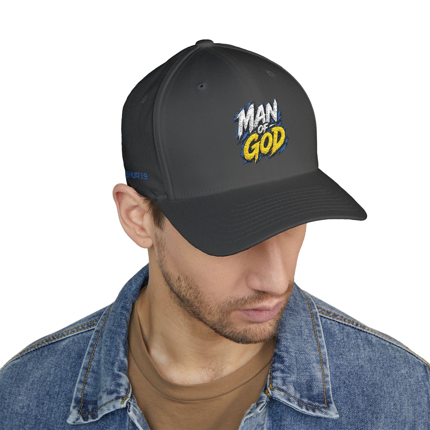 Man of God Embroidered FlexFit Baseball Cap — Faith Graphic Hat with American Flag Back Detail, Joshua 1:9