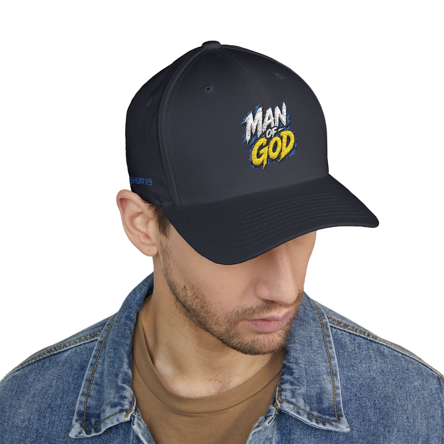 Man of God Embroidered FlexFit Baseball Cap — Faith Graphic Hat with American Flag Back Detail, Joshua 1:9